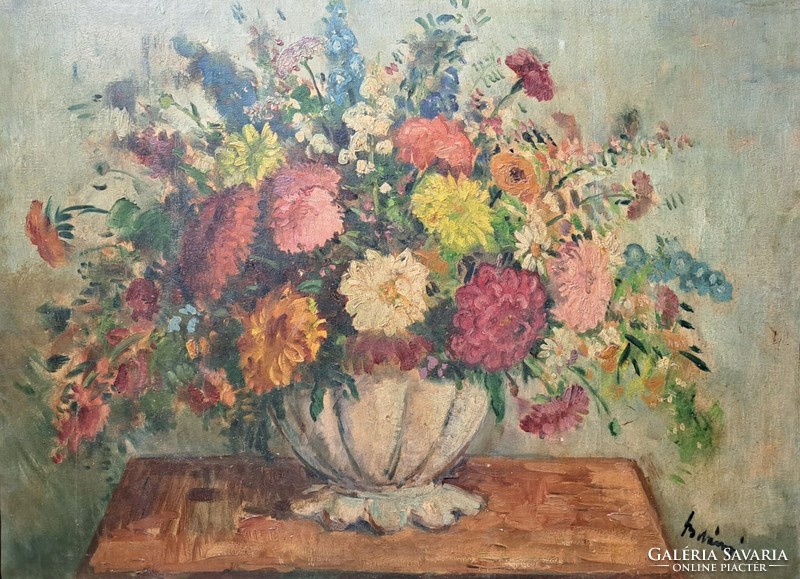 Viktor Belányi: flower still life (oil, canvas, 80x60 cm) student of Béla Iványi-Grünwald