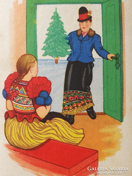 Régi karácsonyi képeslap 1940 rajzos levelezőlap fenyőfa népviselet