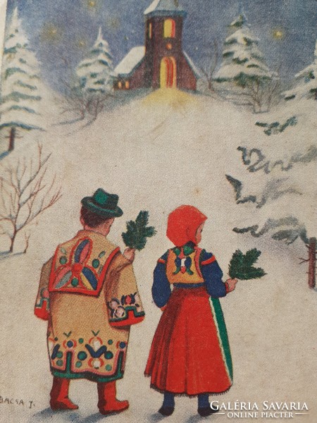 Régi karácsonyi képeslap 1938 rajzos levelezőlap templom népviselet havas táj