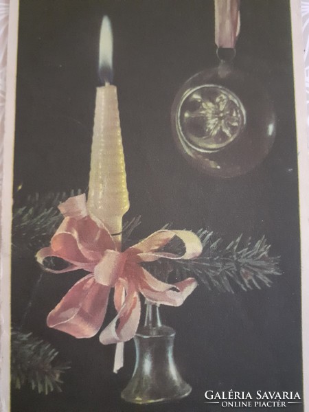 Régi karácsonyi képeslap 1959 gyertya üvegdíszek
