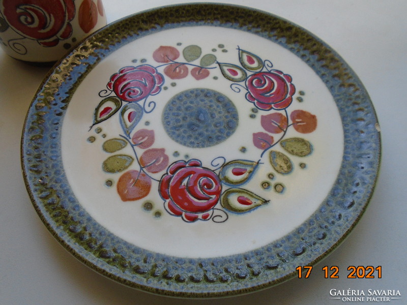 Hand painted majolica tea cup plate embossed red rose pattern schramberg majolica factory