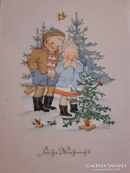 Régi karácsonyi képeslap rajzos levelezőlap fenyőfa gyerekek kismadár
