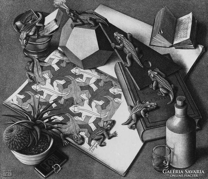 M. C. Escher graphic: reptiles reprint print, 3d space game illusion geometry still life black and white