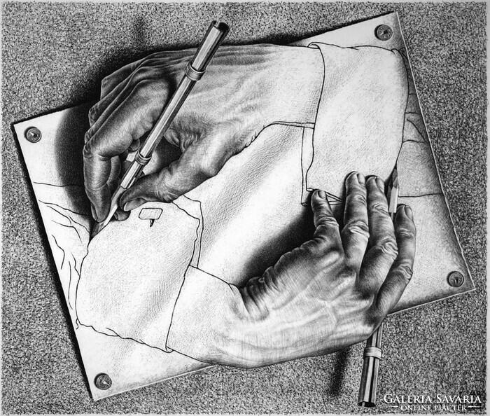 M. C. Escher graphics: drawing hands reprint print, 3d illusion game black and white image