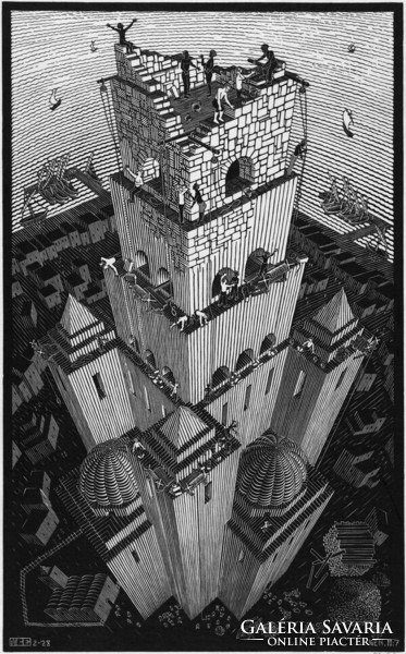 M. C. Escher graphic: tower of babel reprint print, bible scene architecture geometry black and white