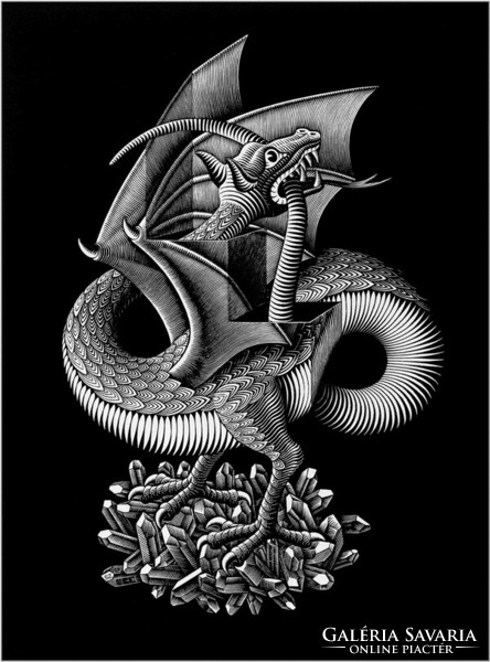M. C. Escher graphic: dragon reprint print, mythological creature winged monster black and white image
