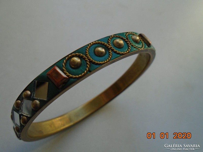 Vintage gold-plated copper handmade filigree bracelet with pearl and mirror inlay