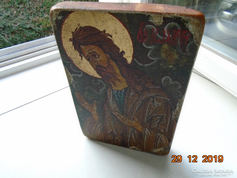 Antique Russian icon of St. John the Baptist with Novgorod wax seal oil canvas painting on wooden sheet