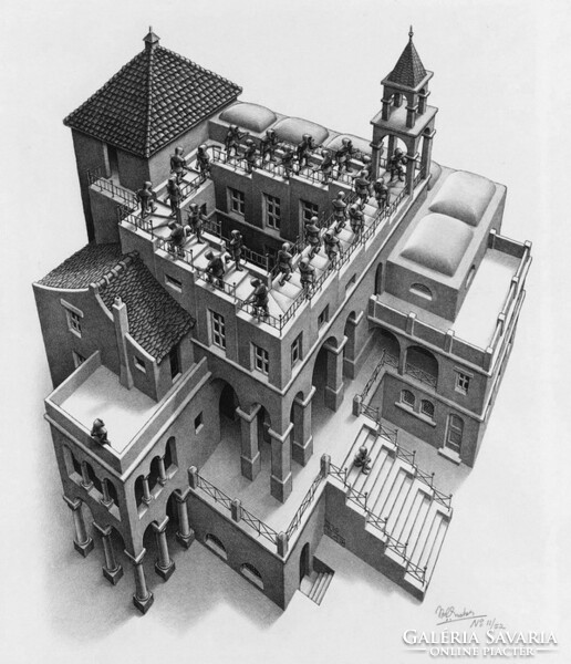 M. C. Escher grafika: Lefelé és felfelé REPRINT nyomat, építészet illúzió lépcső geometria lovagvár