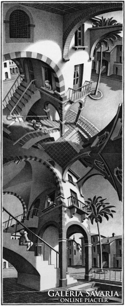 M. C. Escher grafika: Fent és lent REPRINT nyomat, lépcsők térjáték illúzió építészet fekete fehér