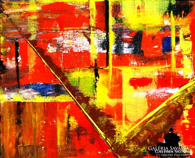 European artist: contrasts (red and yellow) - abstract oil on canvas painting