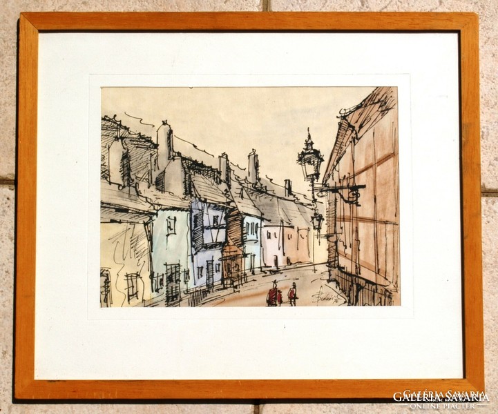 Street of Goldsmiths (Prague, 1990) - unique ink drawing colored with watercolors