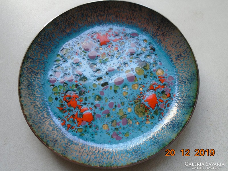 Fire enamel decorative plate with gold and multicolored inclusions