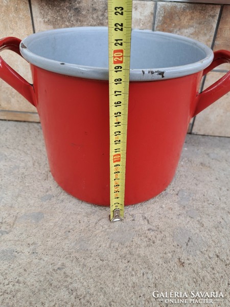 Enamel pot with handle, red village rustic decoration, enamelled