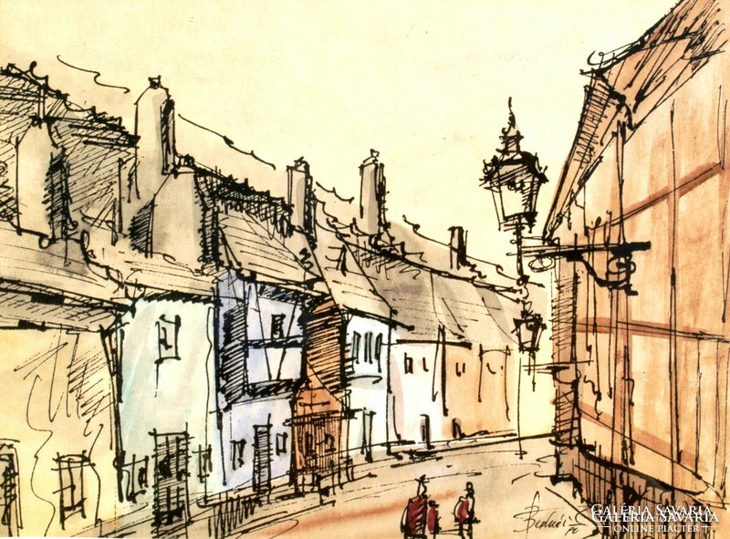 Street of Goldsmiths (Prague, 1990) - unique ink drawing colored with watercolors