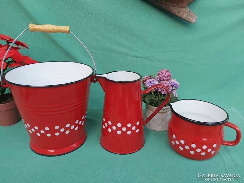 New Polka Dot Enamel Set 5 Liter Bucket Washbasin Spout Enameled Village Peasant Decoration