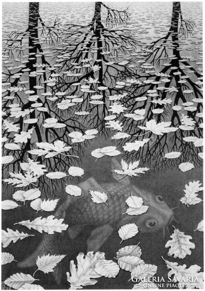 M. C. Escher graphic: three worlds reprint print, fish forest lake leaves trees reflection autumn black and white