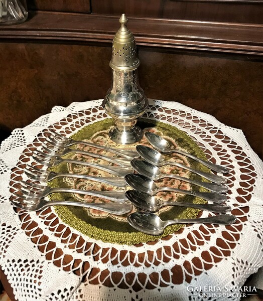 Antique silver-plated alpaca, cake set, powdered sugar sprinkler, dessert fork and spoon