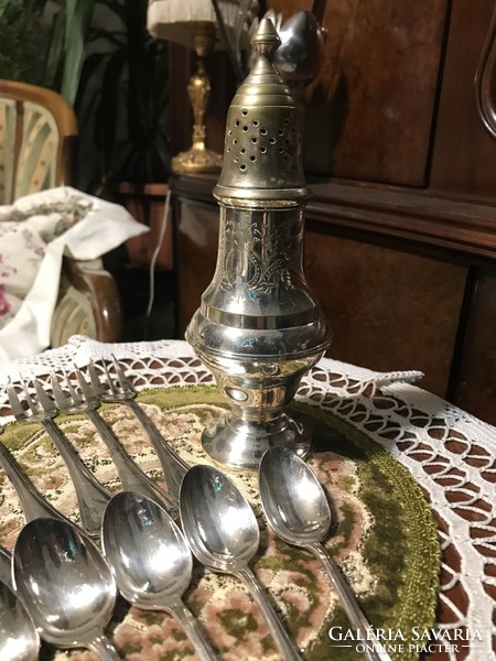 Antique silver-plated alpaca, cake set, powdered sugar sprinkler, dessert fork and spoon