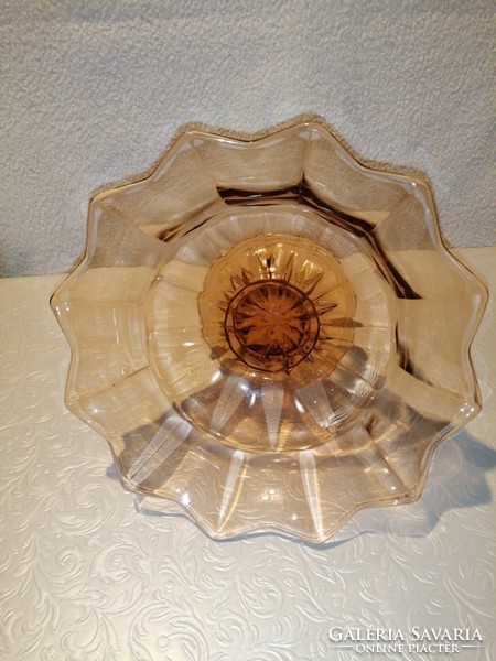 Pale brown, glass, table serving bowl, cake, fruit bowl.