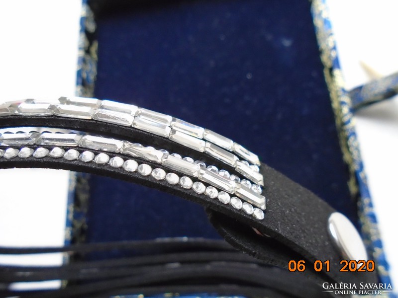 Black wide leather choker with 6 rows of rhinestones and patent lock