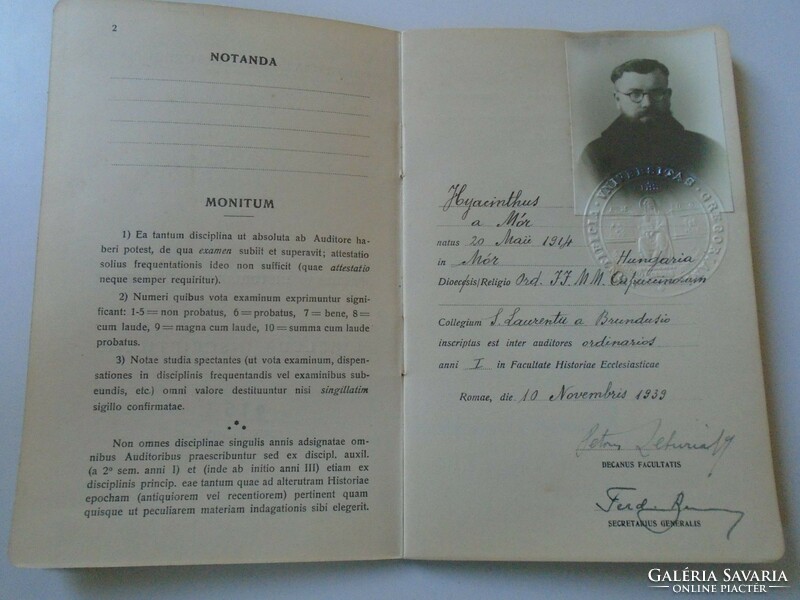 ZA404.5 MÓR - Dr. P. Frey Frenc Jácint -Hyacinthus Mór - dokumentumok 1939 Gregorián Egyetem Róma