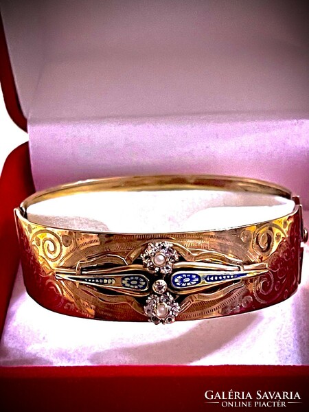 Gyönyörű Faberge jellegű antik arany -gyémánt -tűz zománcozott karkötő !