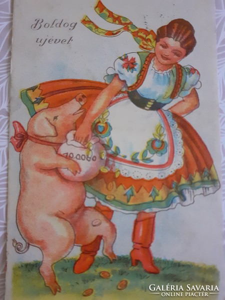 Régi újévi képeslap rajzos vintage képeslap szerencsemalac népviselet