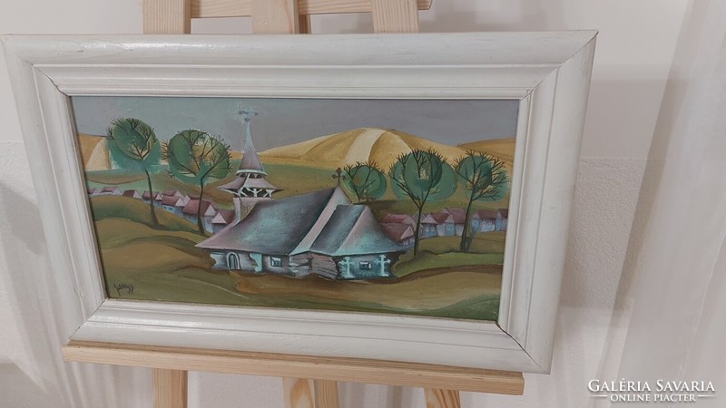 (K) magical small village vesa stela painting with frame 53x33 cm