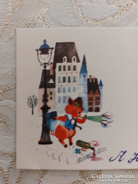 Régi mini képeslap 1967 újévi levelezőlap üdvözlőkártya malac pezsgő lóhere