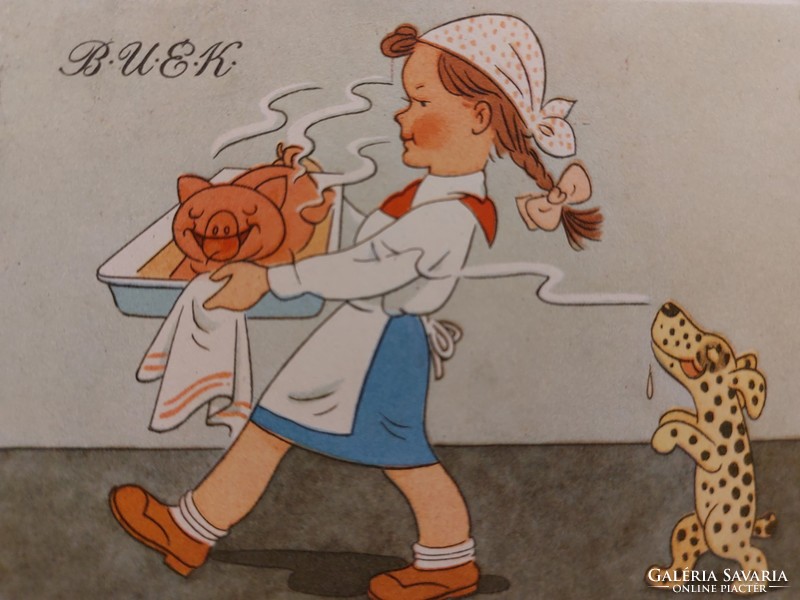 Régi újévi képeslap rajzos levelezőlap BÚÉK szilveszter konyha kislány sült malac kutya sparhelt