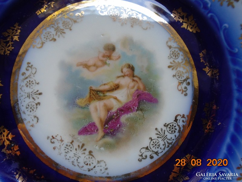 19th Viennese court cobalt with gold garland plate painting: Greco-Roman goddess with angel