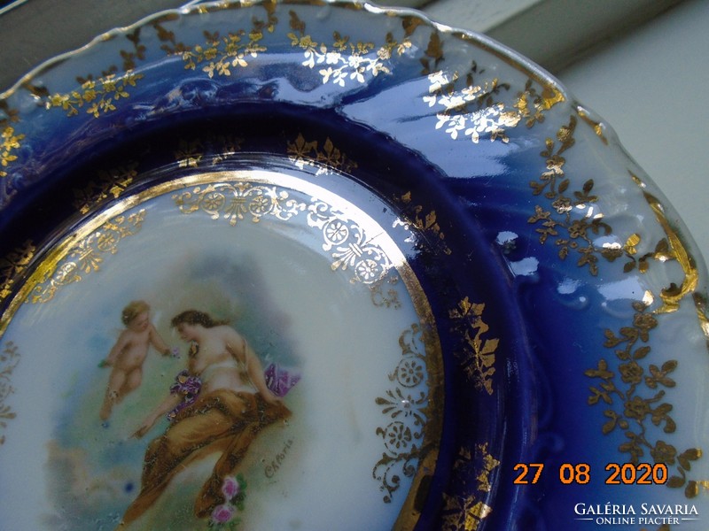 19.sz Bécsi Udvari kobalt arany girlandos tányér festménnyel: Khlórisz  Nimfa angyallal
