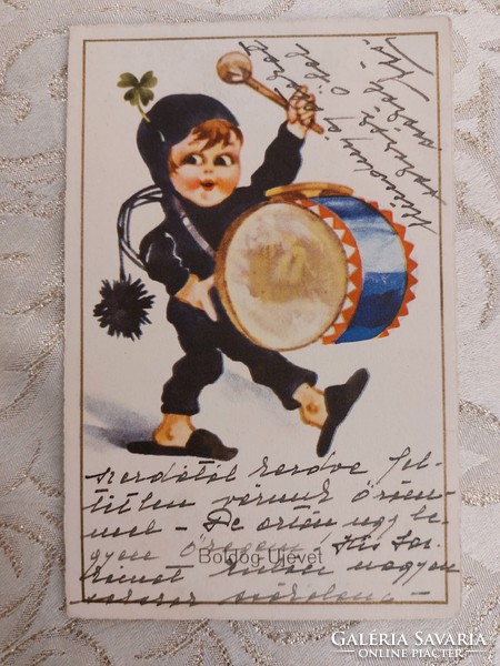Old New Year postcard 1935 postcard chimney sweep clover drum