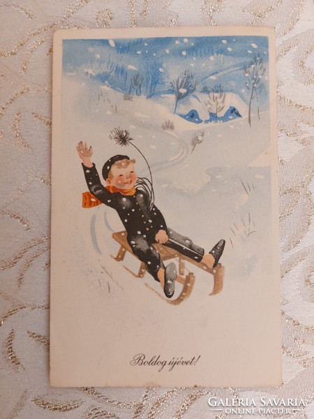 Régi újévi képeslap rajzos levelezőlap kéményseprő szánkó havas táj