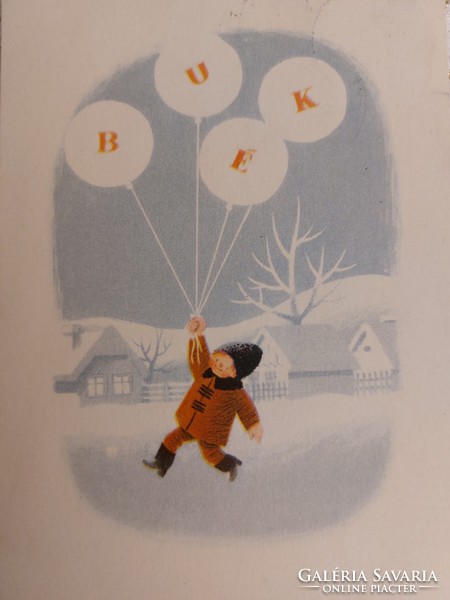 Régi újévi képeslap rajzos levelezőlap havas táj kisfiú léggömb