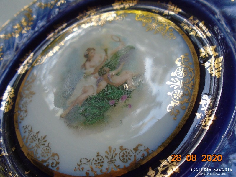 19th Viennese court cobalt with gold garland plate painting: goddess artemis with angel