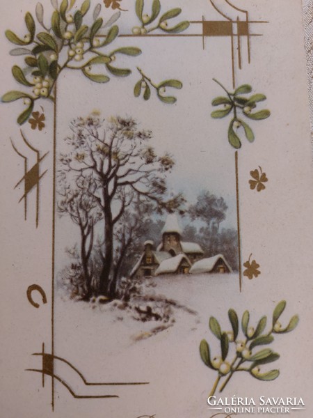 Régi újévi képeslap levelezőlap fagyöngy lóhere szerencsepatkó havas táj