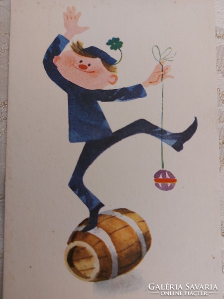Old New Year's card 1968 picture postcard chimney sweep clover barrel