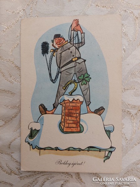 Régi újévi képeslap rajzos levelezőlap lóhere kéményseprő szerencsepatkó