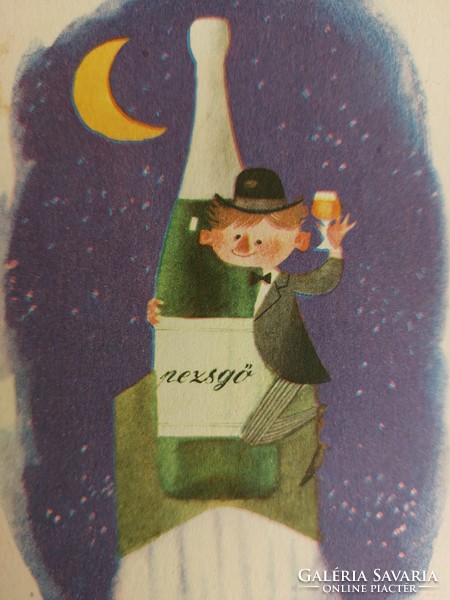 Régi újévi képeslap rajzos levelezőlap pezsgő űrhajó