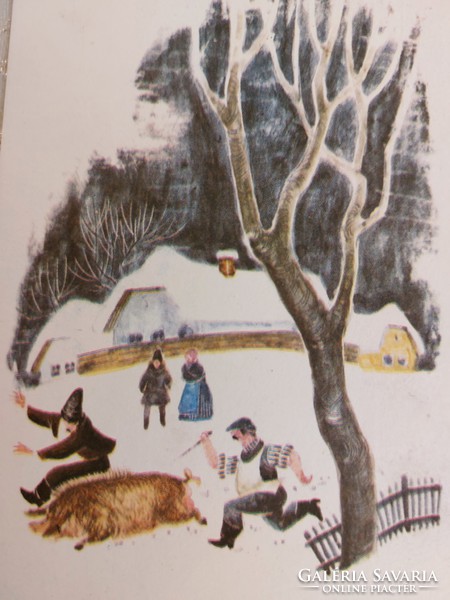 Régi újévi képeslap 1964 rajzos levelezőlap havas táj vidéki disznóvágás