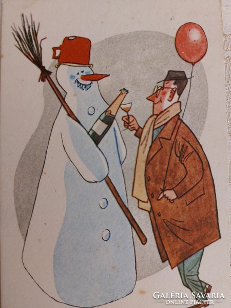 Old New Year postcard style postcard with snowman champagne