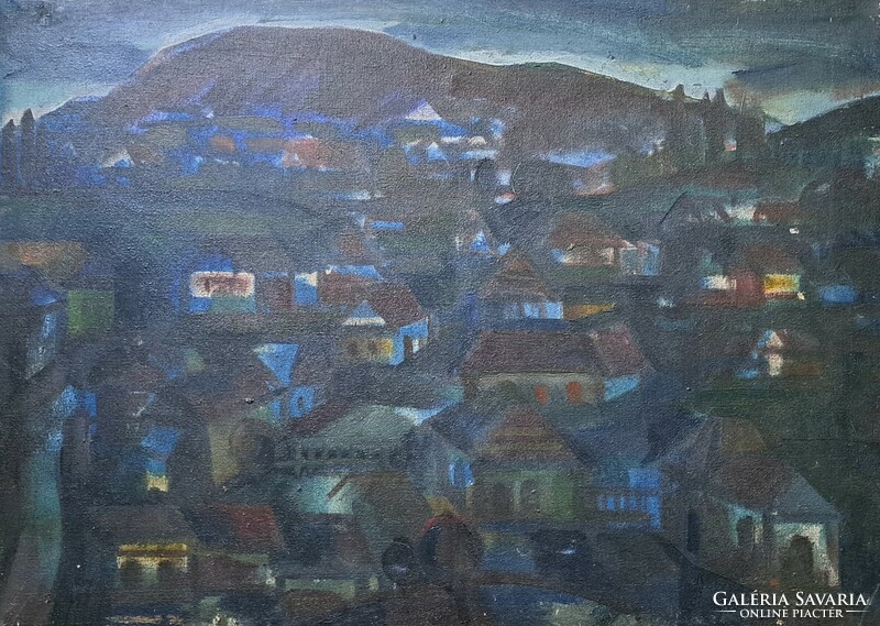 János Pataki: Bükkszentkereszt (picture gallery oil painting) evening street view