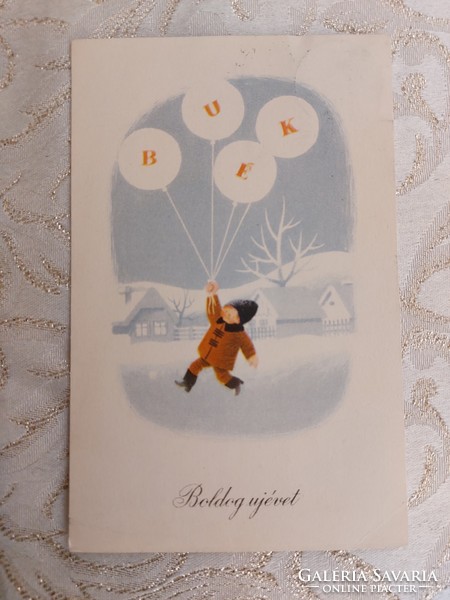 Régi újévi képeslap rajzos levelezőlap havas táj kisfiú léggömb