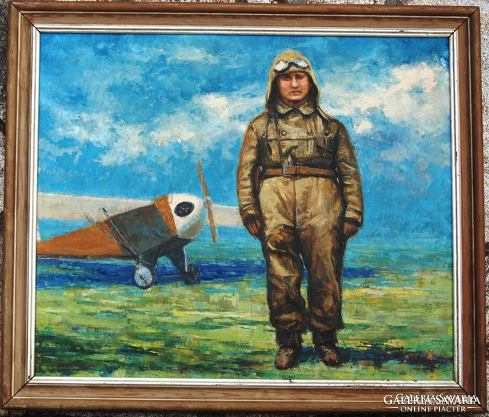 Európai művész: Pilóta a repülés hőskorából - olaj,vászon festmény