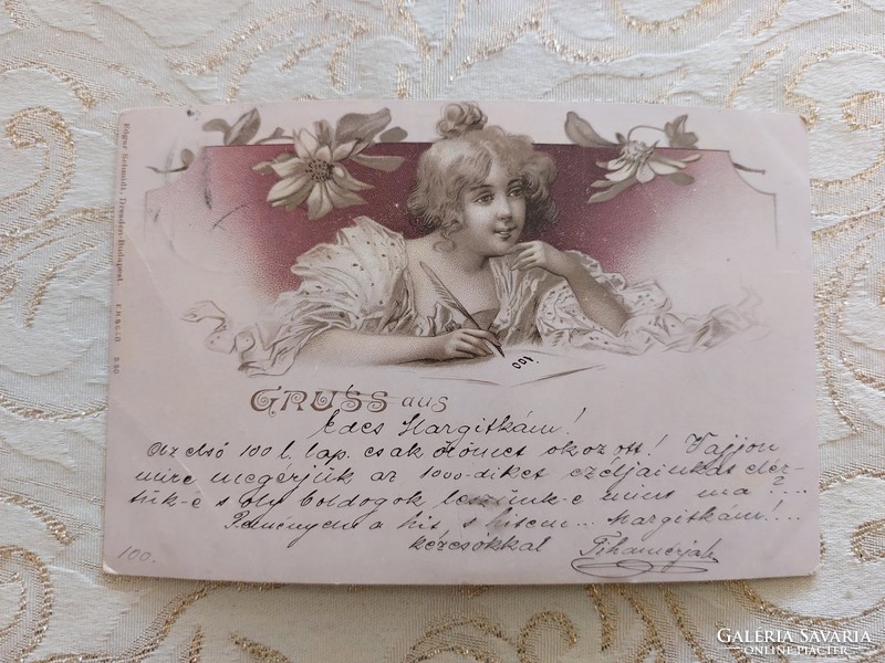 Régi képeslap 1899 levelezőlap hölgy növényminta