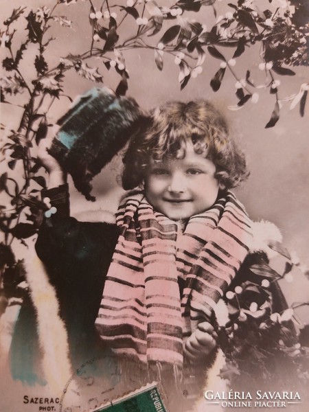 Régi újévi képeslap 1908 gyerekfotó levelezőlap fagyöngy
