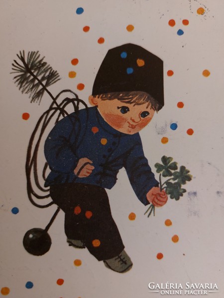 Régi újévi képeslap 1972 rajzos levelezőlap kéményseprő lóhere