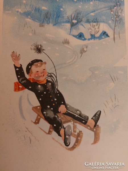 Régi újévi képeslap rajzos levelezőlap kéményseprő szánkó havas táj
